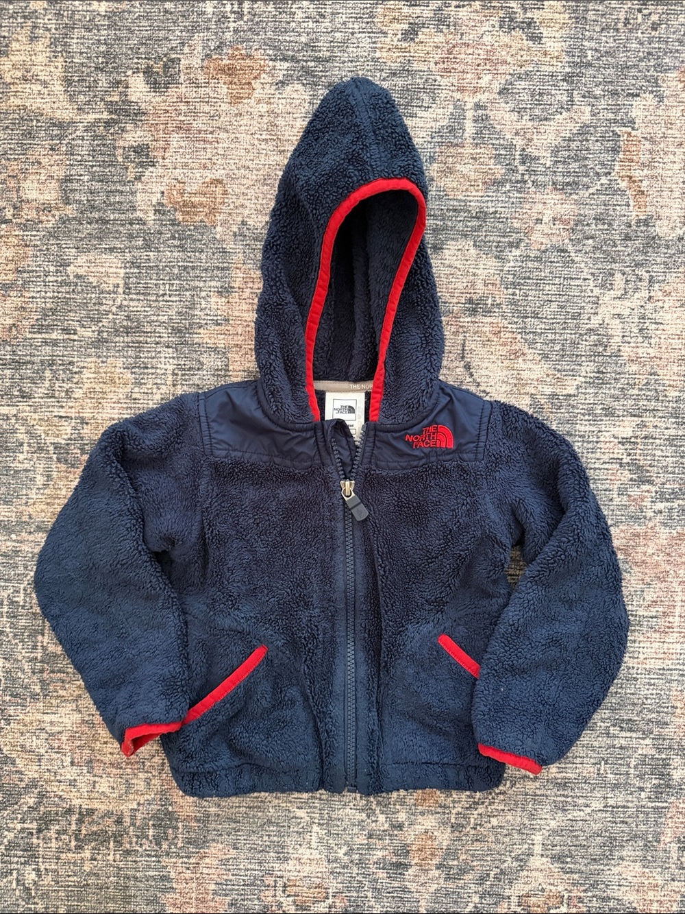 Toddler North Face Navy Fleece Hooded Jacket with Red Trim 18-24mo